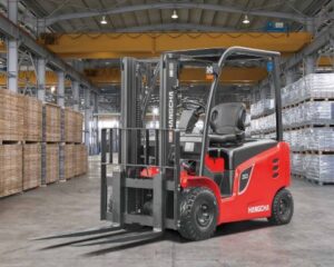 4 Wheel Forklift X Series inside the warehouse, properly arranged pallets